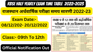 Rajasthan Board Half Yearly Exam Time Table 2022-2023